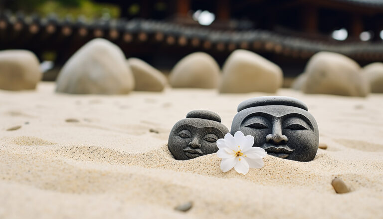 Tranquil scene of stone sculpture in tropical paradise generated by artificial intelligence