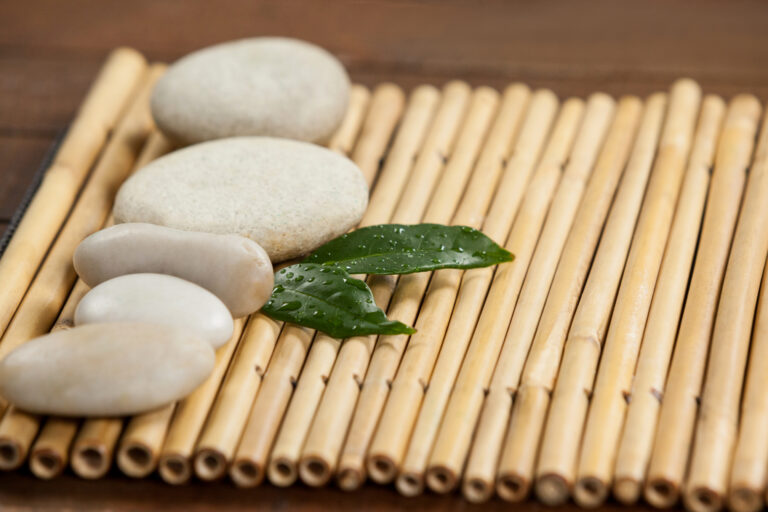 Two green leaves and four white stones on the bamboo mat in spa center